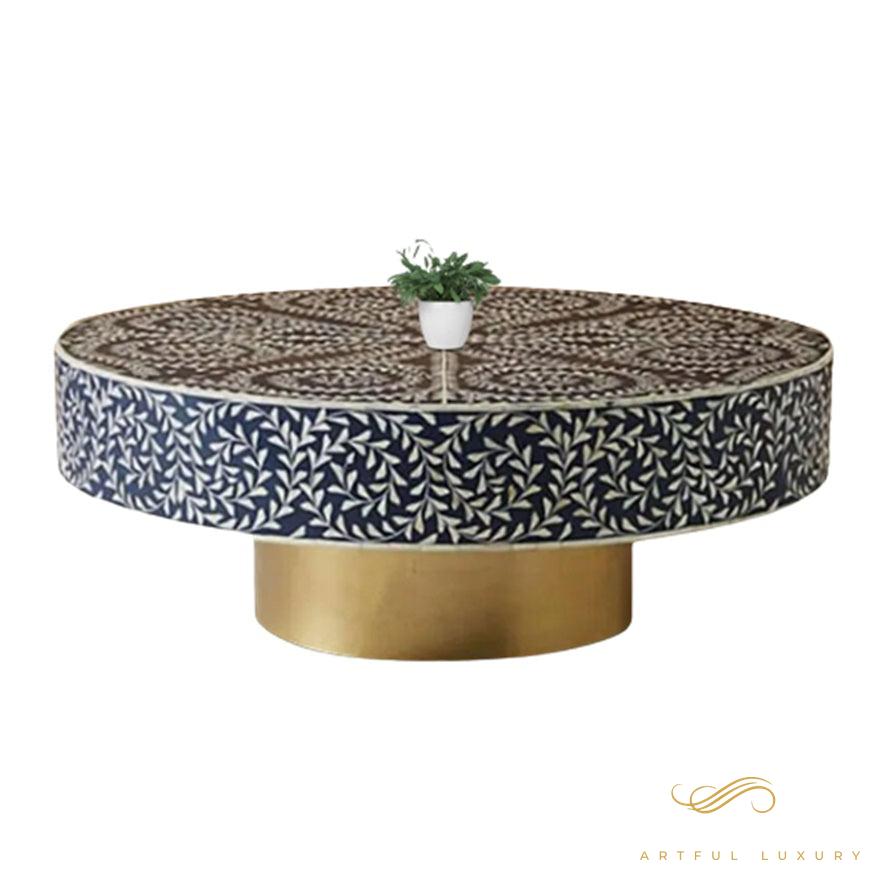 Leaf Pattern Coffee Table Bone Inlay With Base Golden Finish | Luxury Handmade Coffee Table