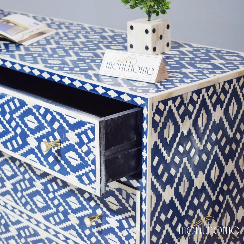 Navy Blue Bone Inlay Eye Cut pattern 6-Drawer Dresser | Luxury Handmade Dresser