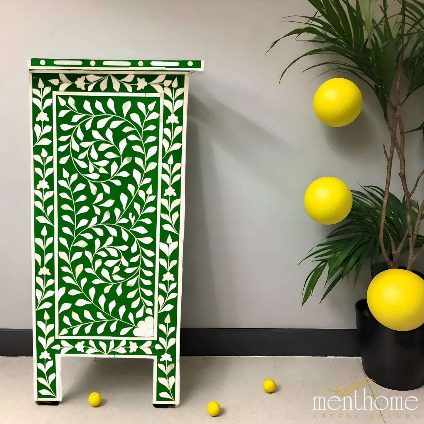 Resin Green Floral Pattern One Drawer Bedside Table | Luxury Handmade Bedside Table