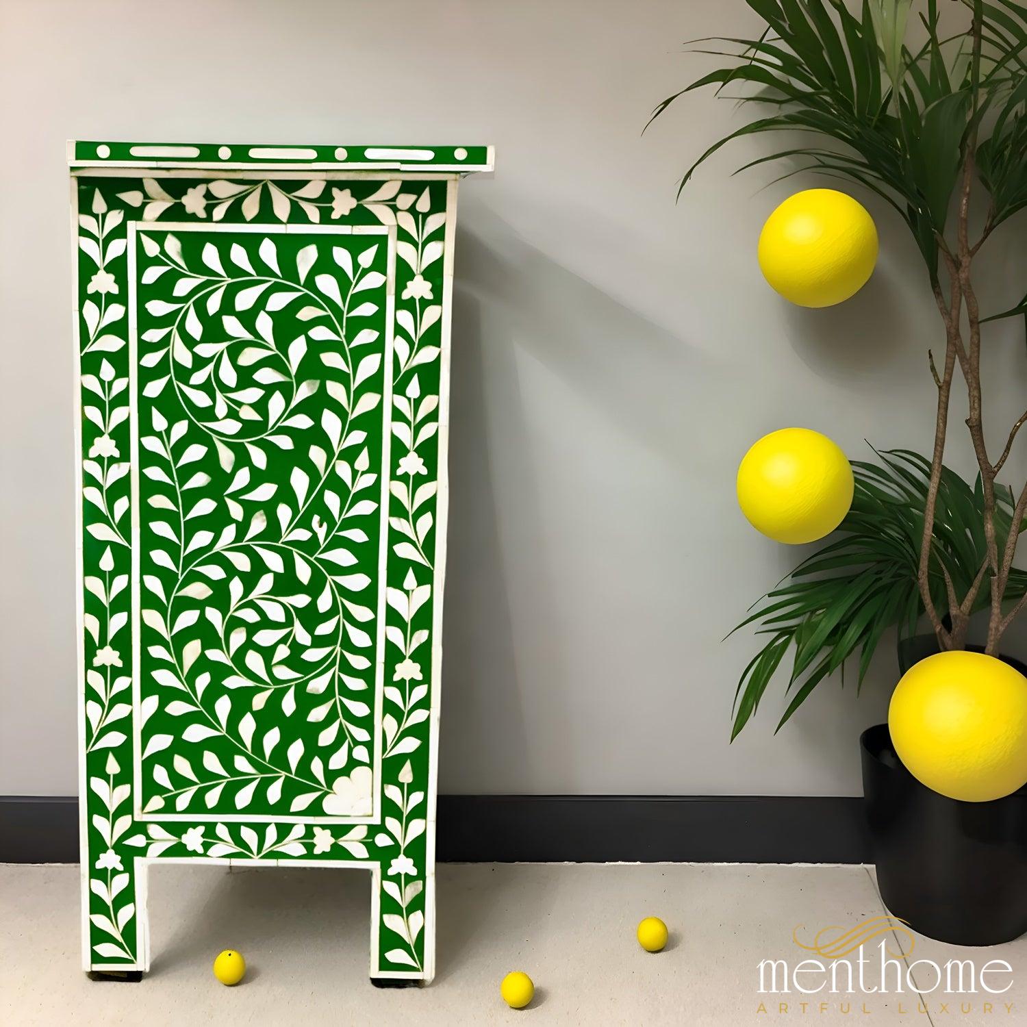 Resin Green  Floral Pattern One Drawer Bedside Table | Luxury Handmade Bedside Table