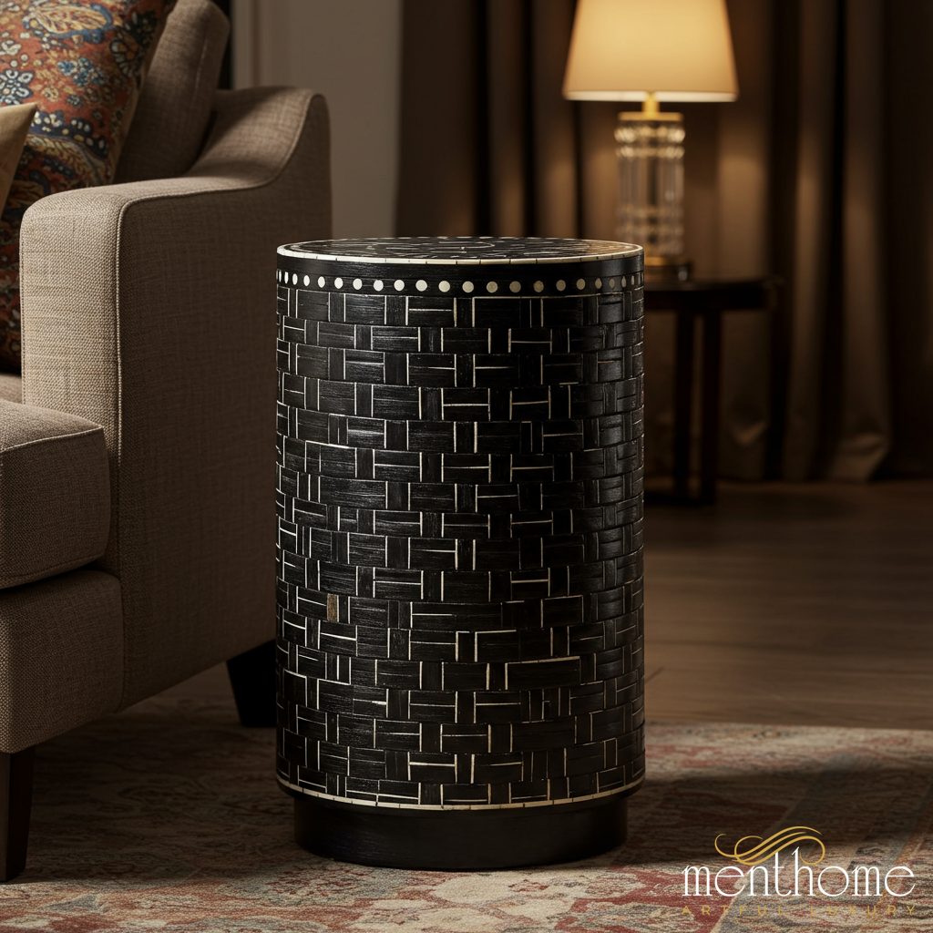 Elegant Basket-Weave Decorative Stool Luxury Handmade Side Table