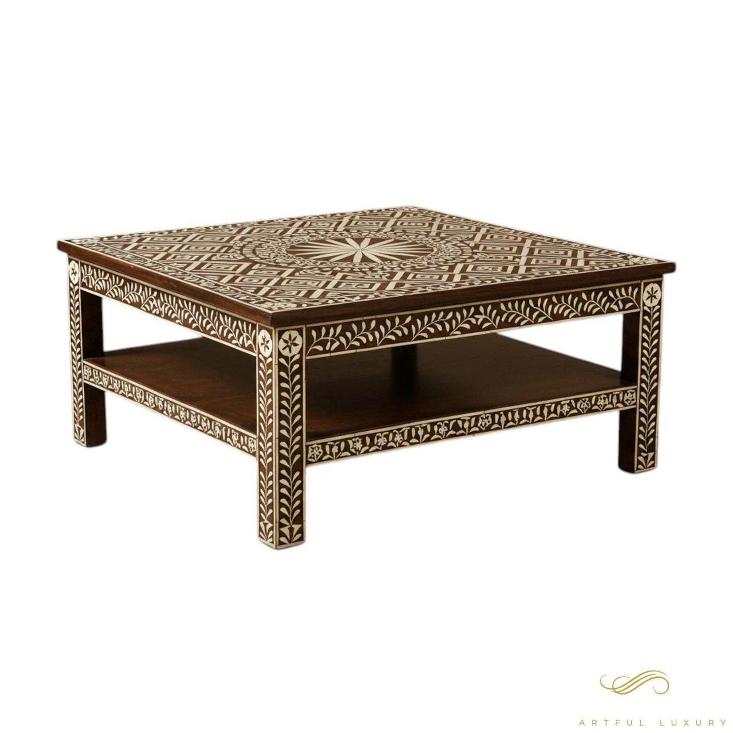 Handmade Bone Inlay Brown Coffee Table Modern Square Furniture | Luxury Handmade Coffee Table