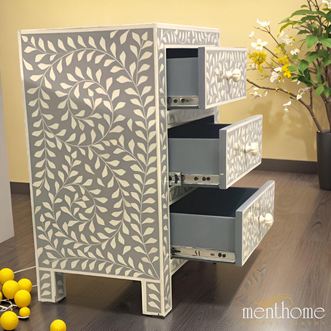 Leaf Design Light Grey and White Resin Bedside Table | Luxury Handmade Bedside Table