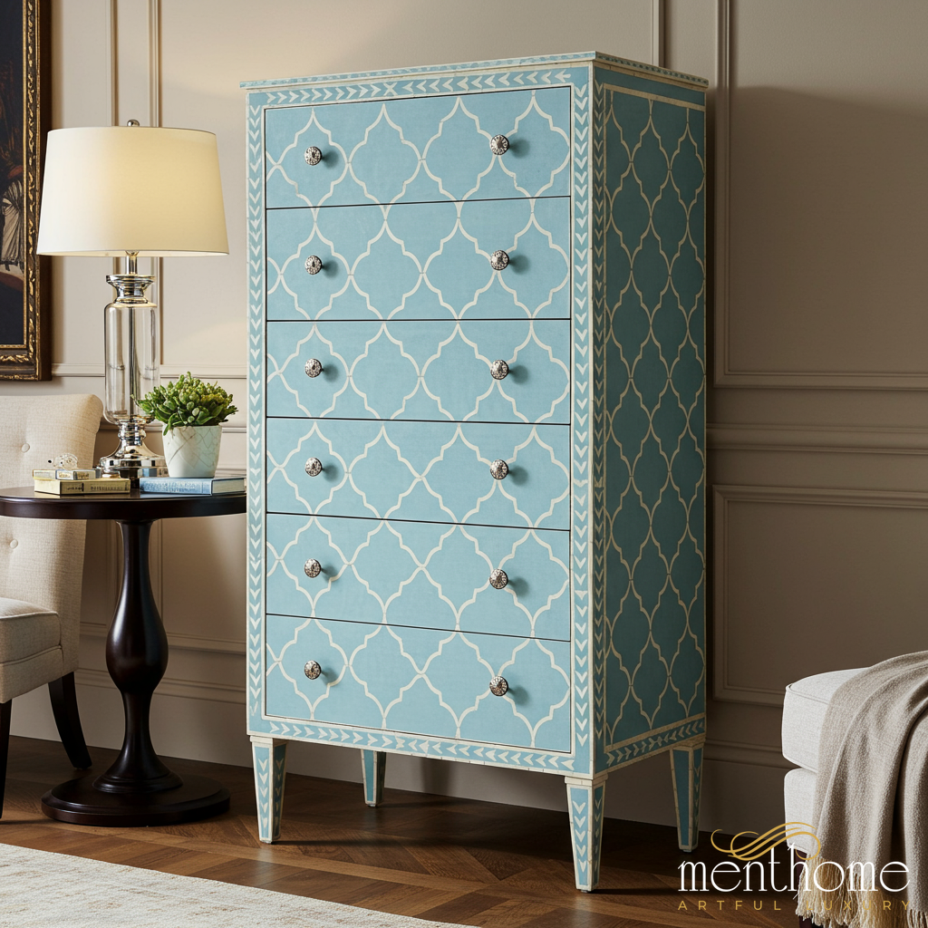 Blue Decorative Tall Chest of Drawers | Luxury Handmade Tallboy - M(28"Wx18"Dx54"H) / Bone-like Blue Decorative Tall Chest of Drawers | Luxury Handmade Tallboy - M(28"Wx18"Dx54"H) / Bone-like