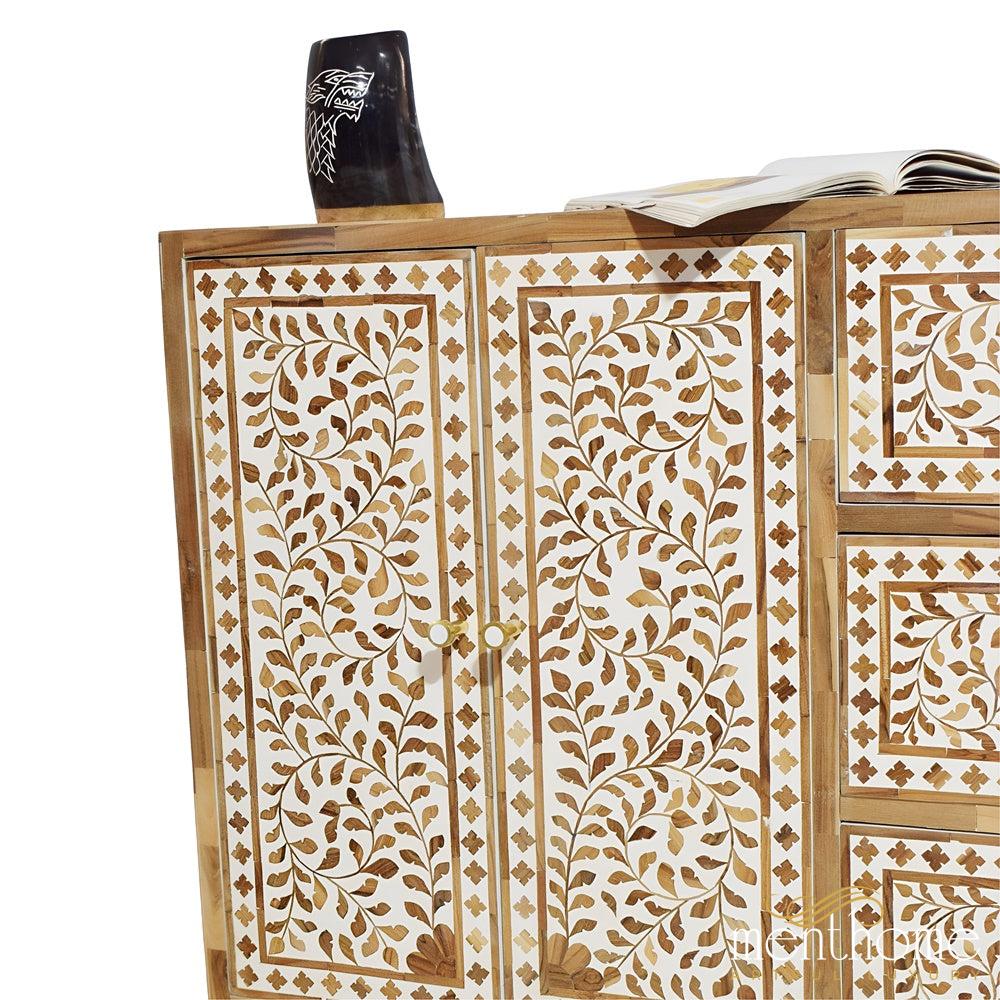Floral Pattern Wooden Inlay 4-door and 3 drawers cabinet | Luxury Handmade Cabinet