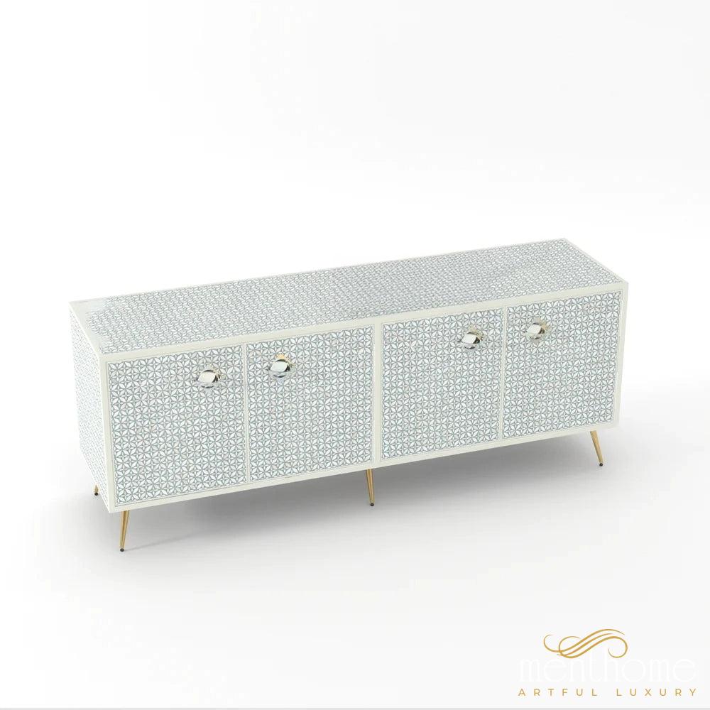 Geometric Flower-Bone Inlay -Rectangular-Tv Cabinet | Luxury Handmade TV Cabinet