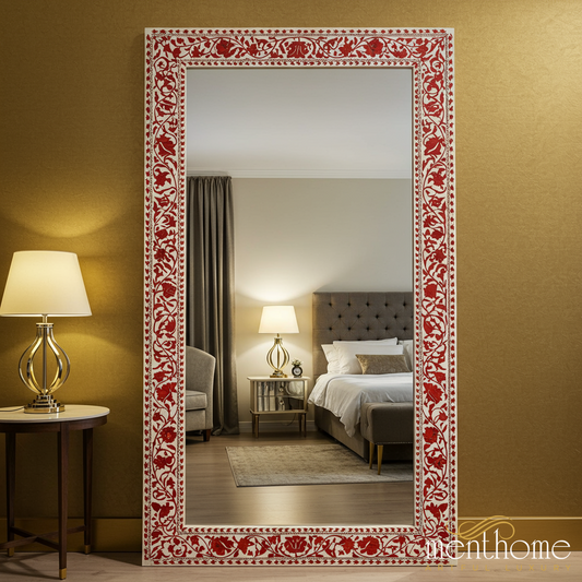 Decorative Hand-Painted Wall Mirror with Red Floral Frame | Luxury Handmade Mirror