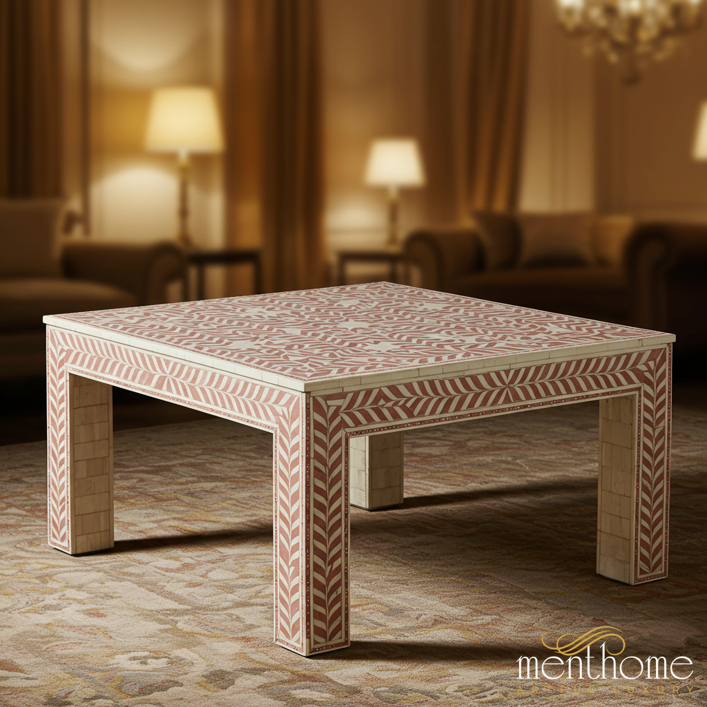 Handcrafted Inlaid Bone and Wood Square Coffee Table | Luxury Handmade Coffee Table