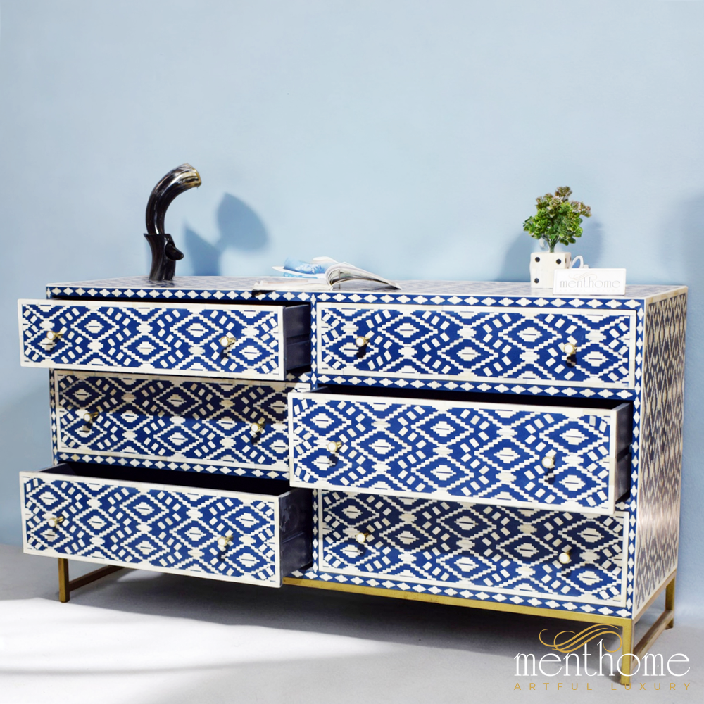Navy Blue Bone Inlay Eye Cut pattern 6-Drawer Dresser | Luxury Handmad Menthome USA Navy Blue Bone Inlay Eye Cut pattern 6-Drawer Dresser | Luxury Handmad Menthome USA