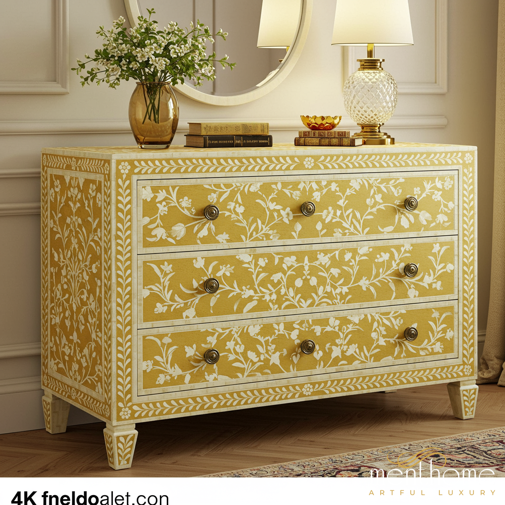 Hand-Painted Floral Wood Dresser with Brass Hardware | Luxury Handmade Dresser