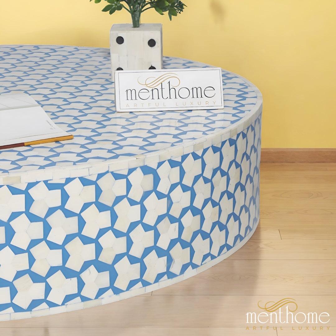 Sky Blue Coffee Table Round, featuring a sleek Brass Base | Luxury Handmade Coffee Table