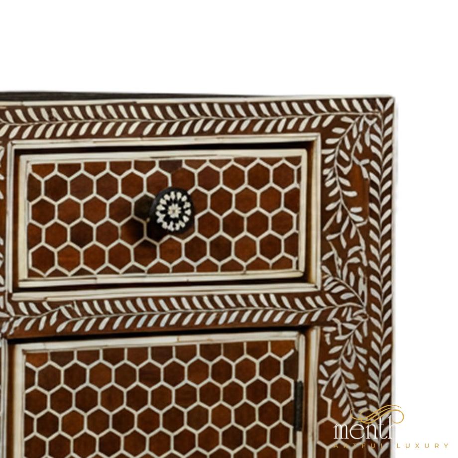 Handmade Brown Bone Inlay Bedside Table with Two Drawers | Luxury Handmade Bedside Table