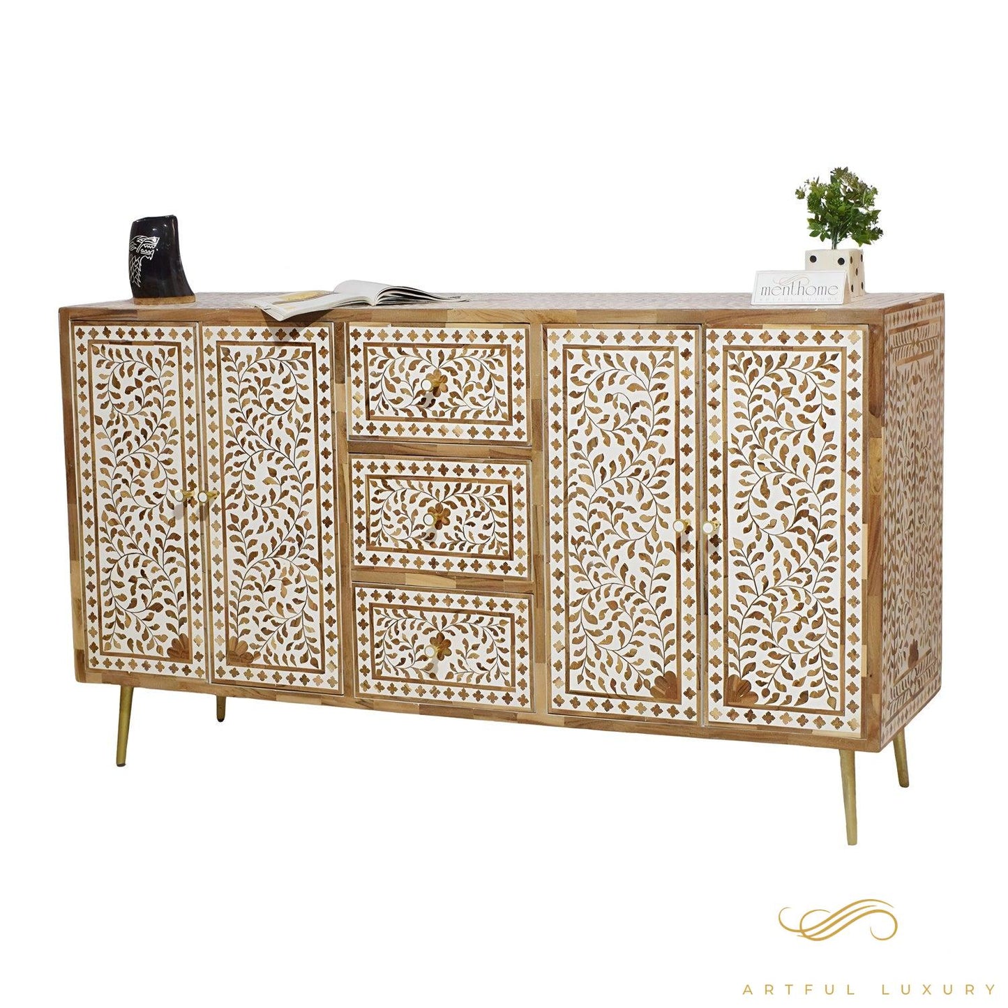 Floral Pattern Wooden Inlay 4-door and 3 drawers cabinet | Luxury Handmade Cabinet