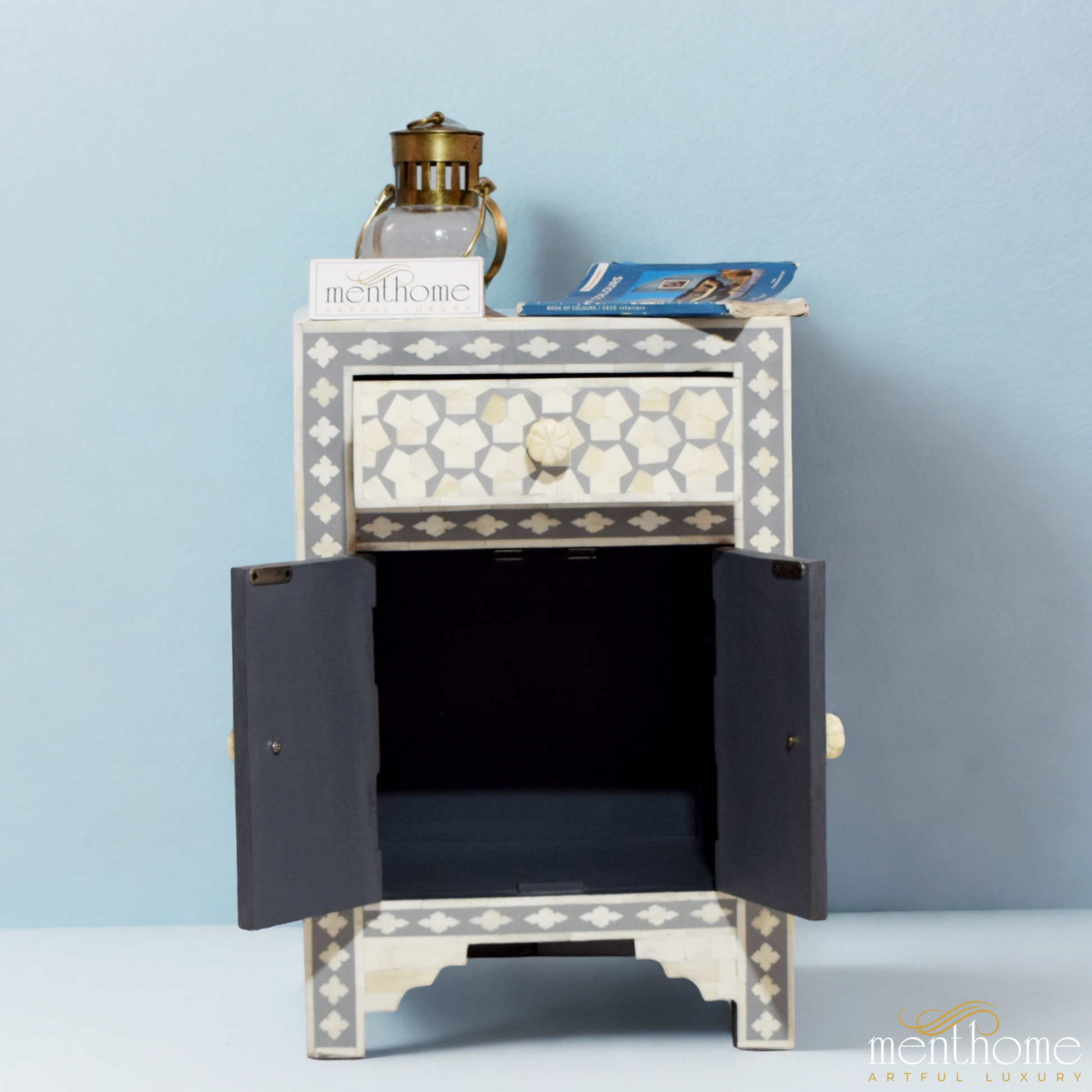 Targua pattern Bedside table Grey Bone Inlay 1-drawer | Luxury Handmade Bedside Table