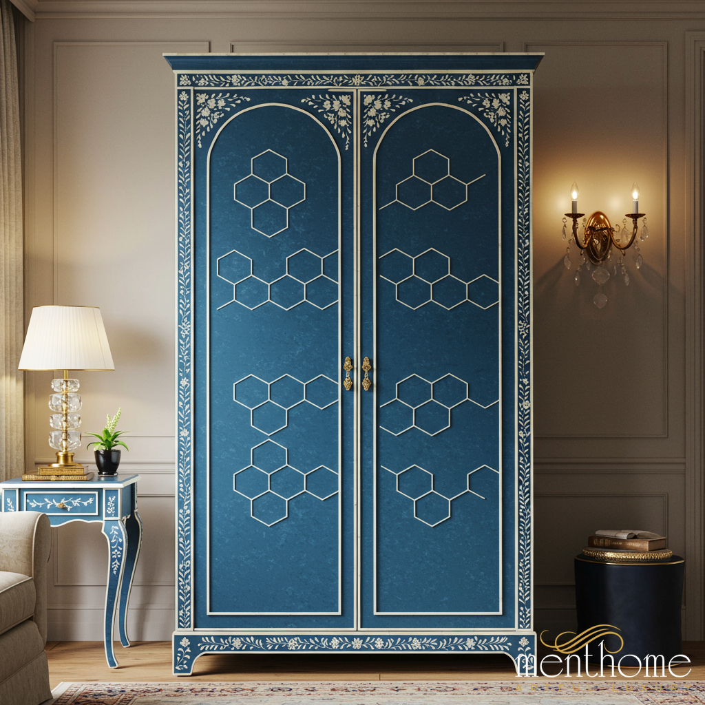 Elegant Blue Floral and Hexagon Pattern Wooden Wardrobe | Luxury Handmade Wardrobe