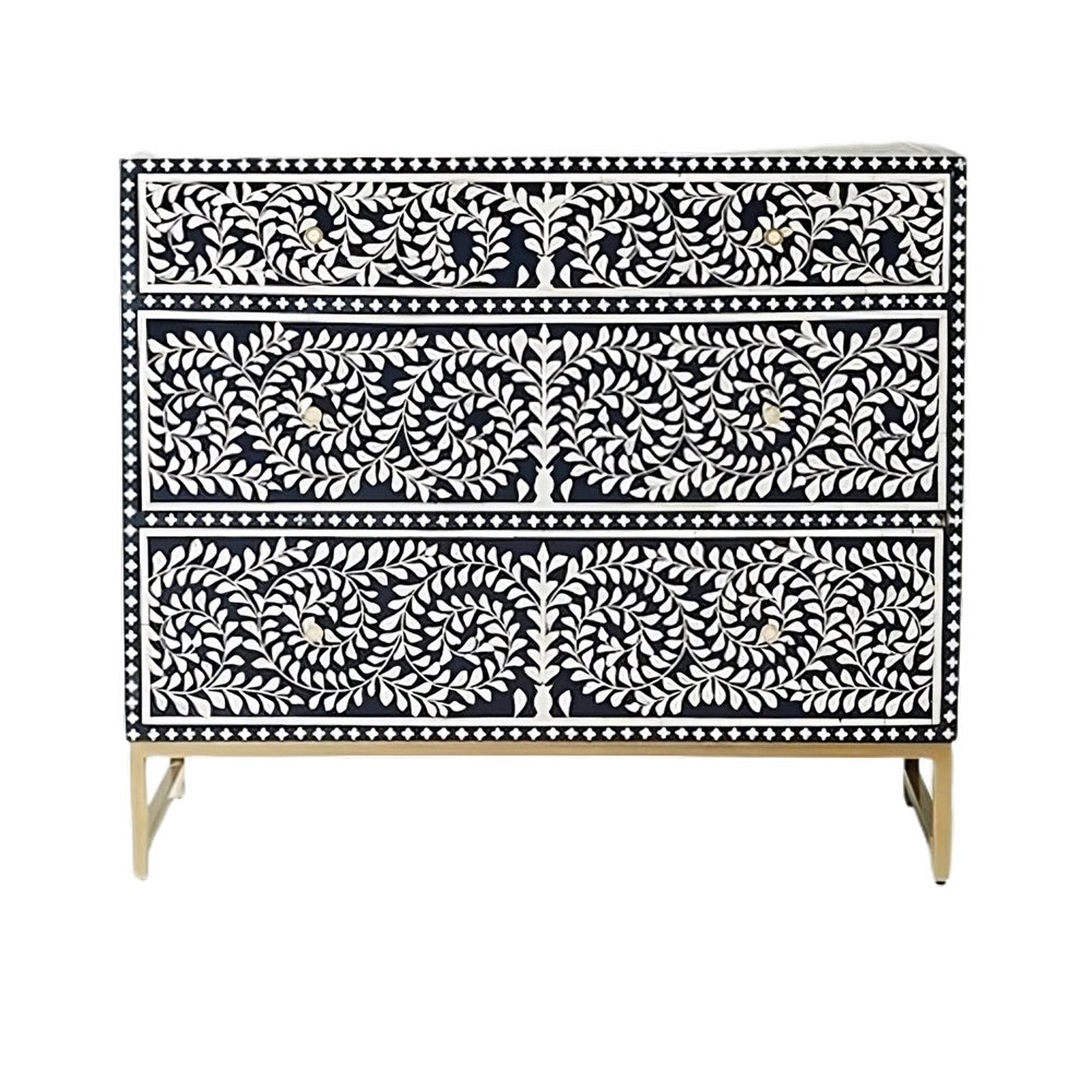 Handmade Bone Inlay Foliage Spiral 3 Drawer Dresser