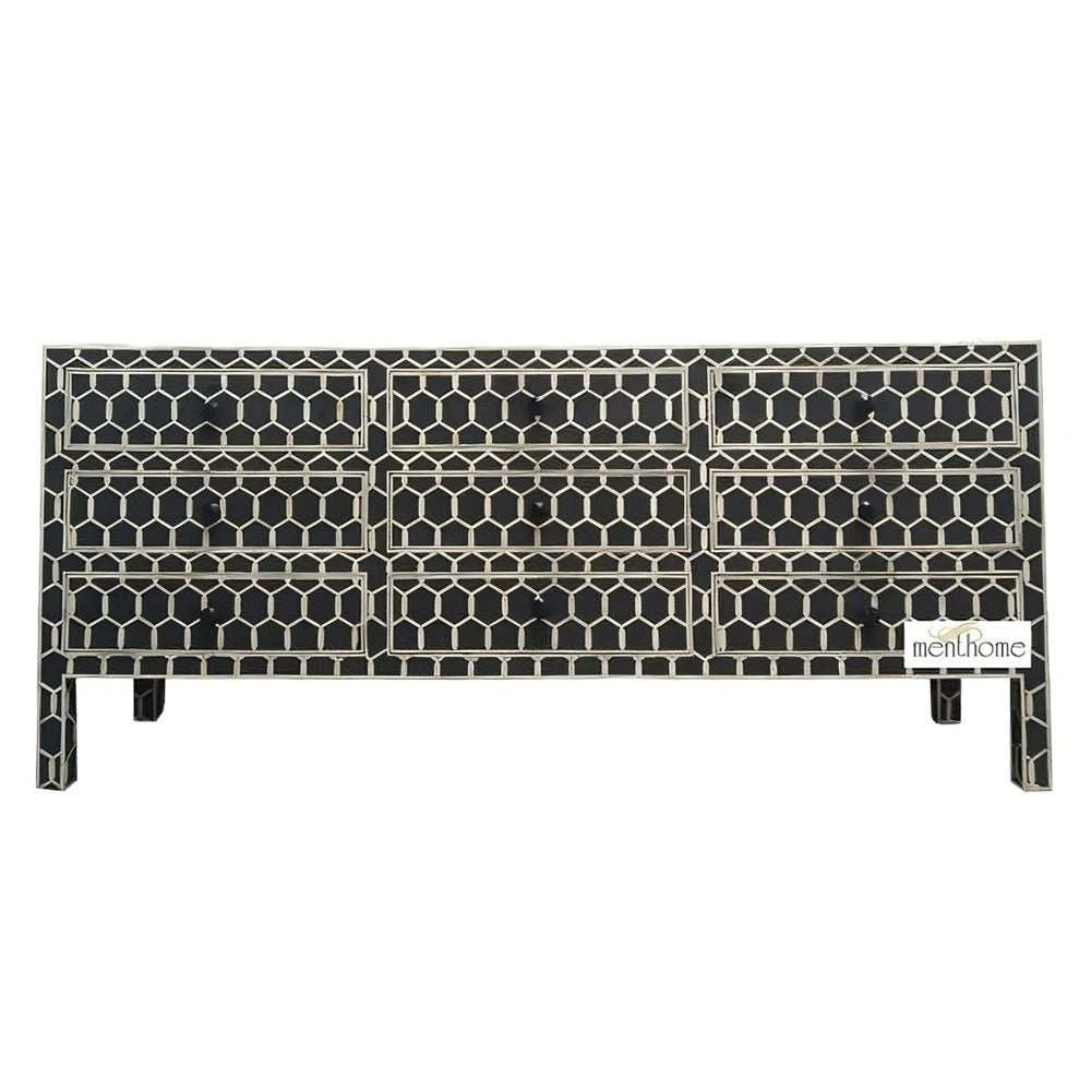 Bone Inlay Ikat Design 9 Drawers TVC, Media Unit, Indigo Blue TV Cabinet, Bone Inlay Home Decor Furniture Handmade Design Bone inlay Wooden
