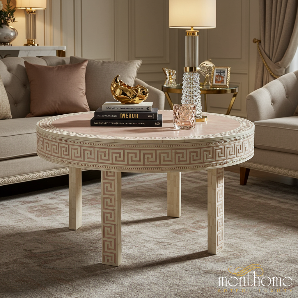 Elegant Round Wooden Coffee Table with Greek Key Pattern | Luxury Handmade Coffee Table