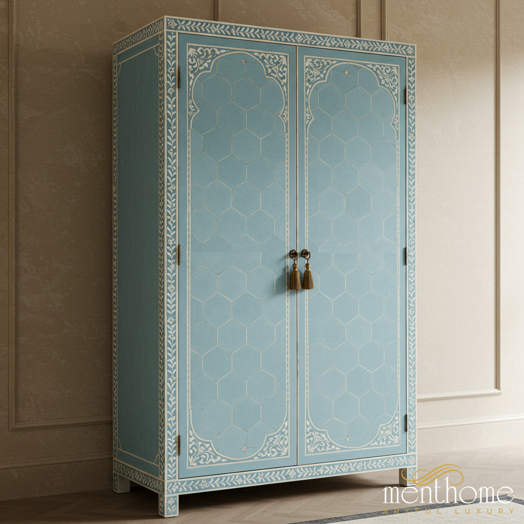 Blue Decorated Wooden Wardrobe with Tassel Handles | Luxury Handmade Wardrobe
