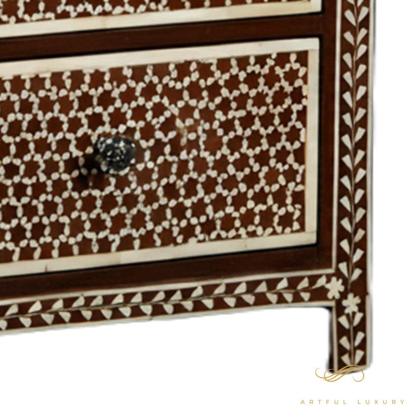 Bone Inlay Honeycomb Pattern Bedside Table with Two Drawers | Luxury Handmade Bedside Table