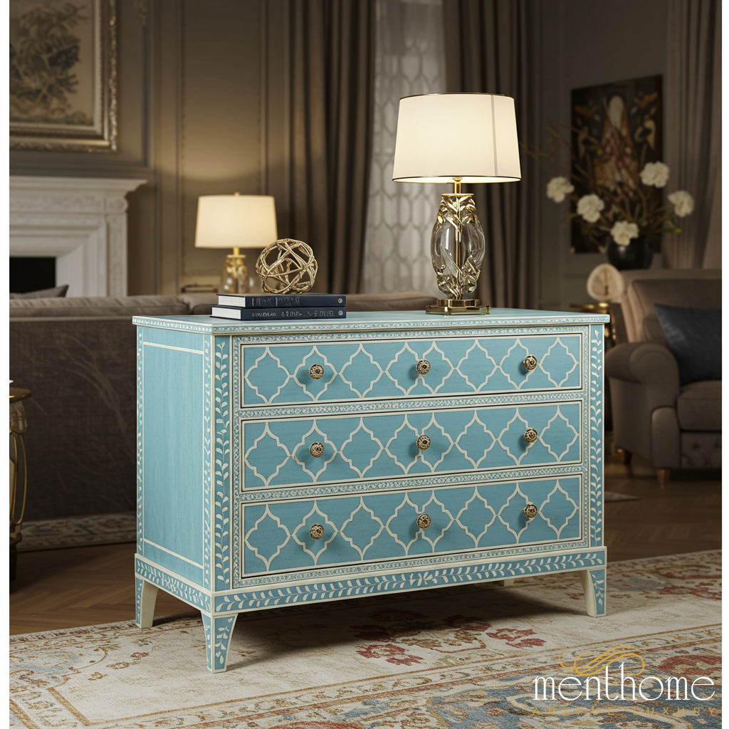 Vintage Blue Three-Drawer Chest with Decorative Pattern | Luxury Handm Menthome USA Vintage Blue Three-Drawer Chest with Decorative Pattern | Luxury Handm Menthome USA