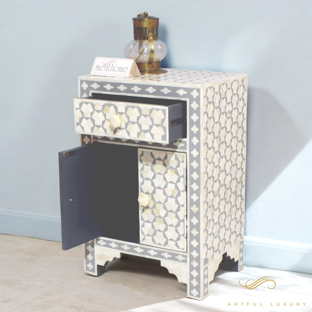 Targua pattern Bedside table Grey Bone Inlay 1-drawer | Luxury Handmade Bedside Table