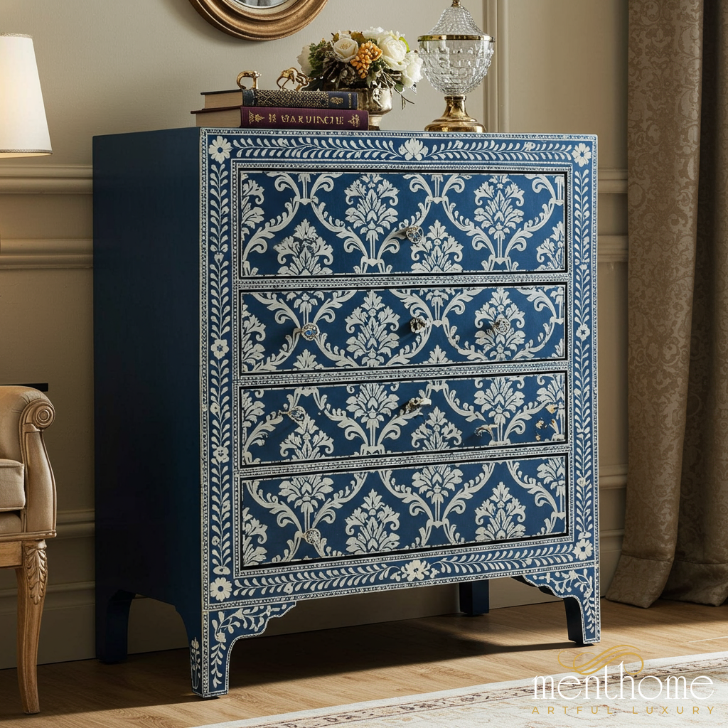 Blue Floral Inlay Wooden Chest of Drawers | Luxury Handmade Dresser Blue Floral Inlay Wooden Chest of Drawers | Luxury Handmade Dresser
