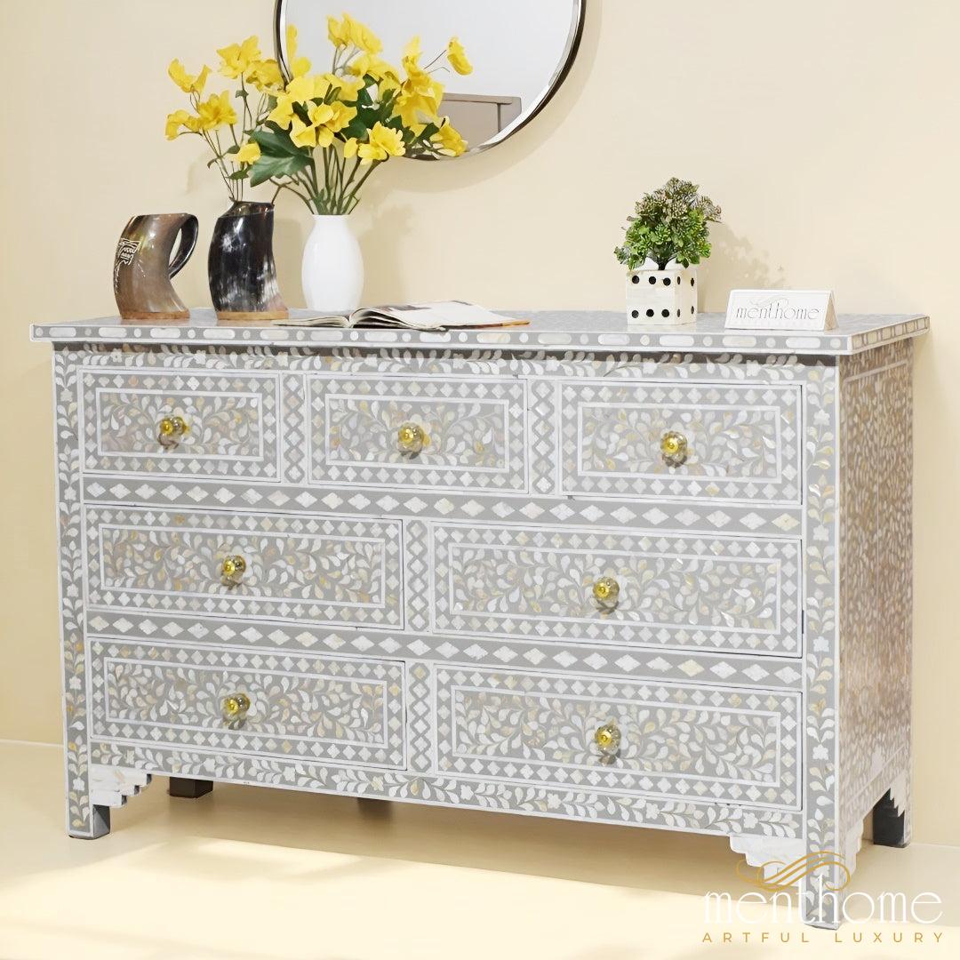 Floral Dresser Seven Drawer crafted with Mother of Pearl | Luxury Handmade Dresser