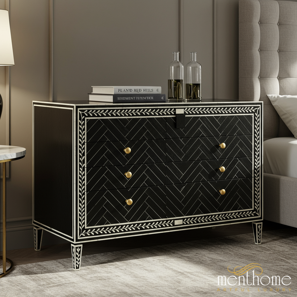 Black Decorative Chest of Drawers with Inlay Design