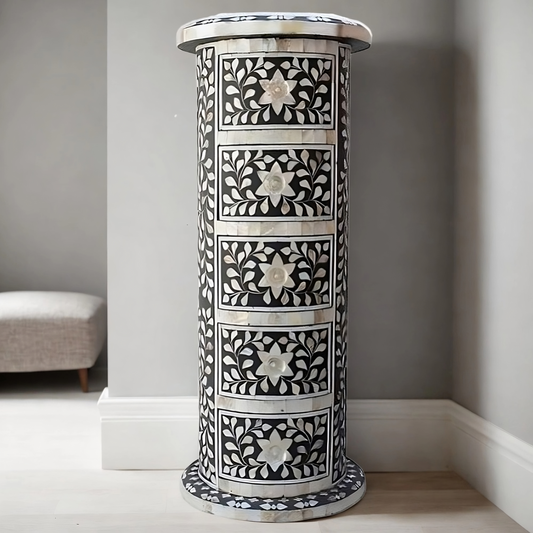 Round Tallboy Mother Of Pearl Inlay Floral Design