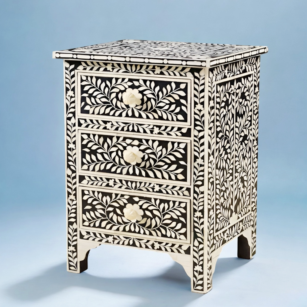 Resin Floral Bedside Table In Black Bone inlay