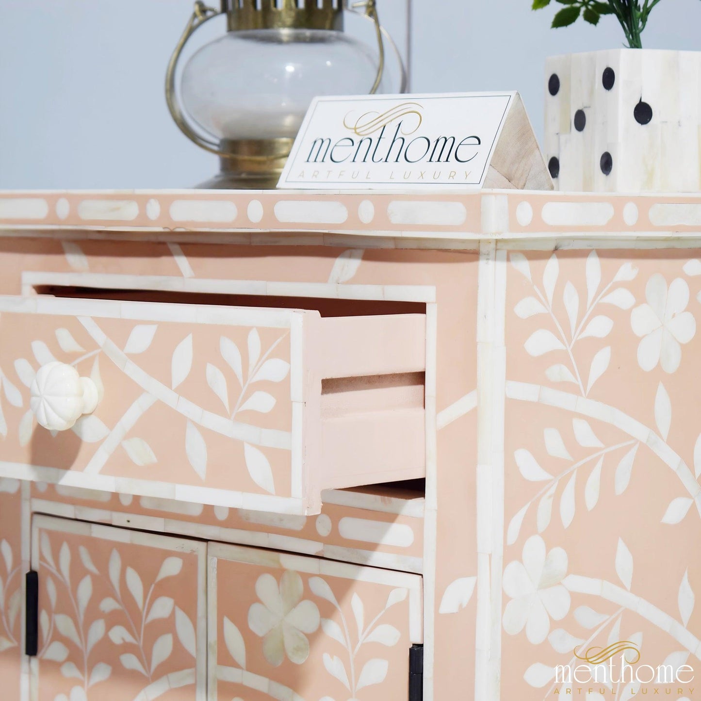 Flower Pattern Inlaid Bedside Table in Orange Color | Luxury Handmade Bedside Table