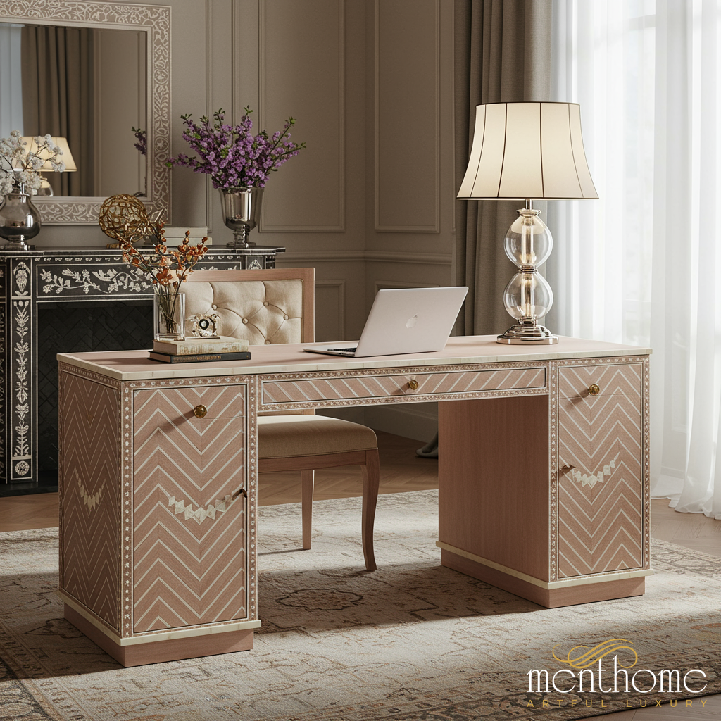 Elegant Wooden Office Desk with Chevron Inlay | Luxury Handmade Desk