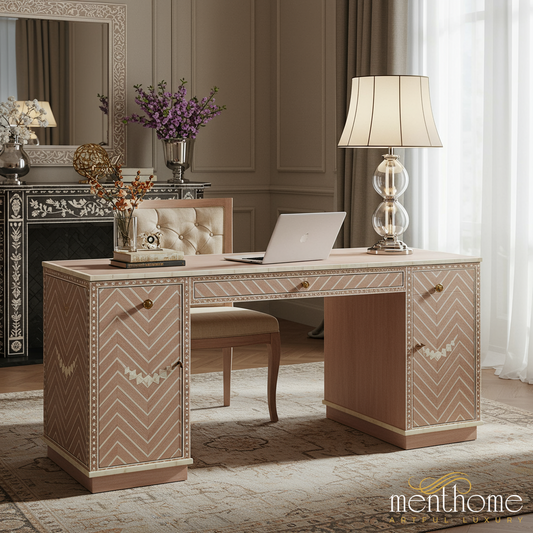 Elegant Wooden Office Desk with Chevron Inlay | Luxury Handmade Desk