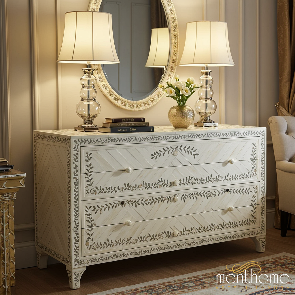 Vintage White Decorative Dresser With Floral Inlay – white... S(42