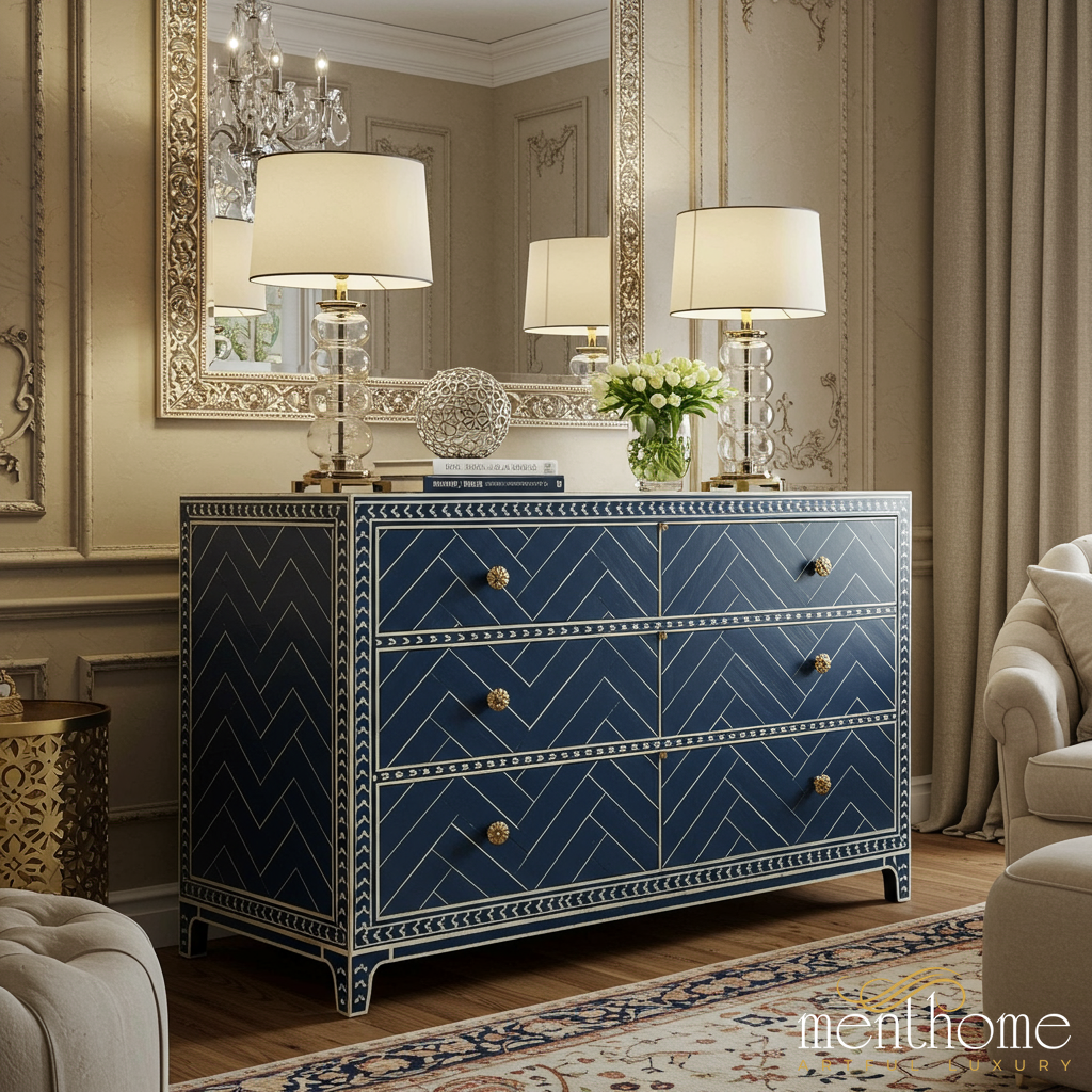 Elegant Navy Blue Chevron Pattern Dresser with Gold Accents | Luxury Handmade Dresser - L(76"Wx18"Dx34"H) / Bone-like Elegant Navy Blue Chevron Pattern Dresser with Gold Accents | Luxury Handmade Dresser - L(76"Wx18"Dx34"H) / Bone-like