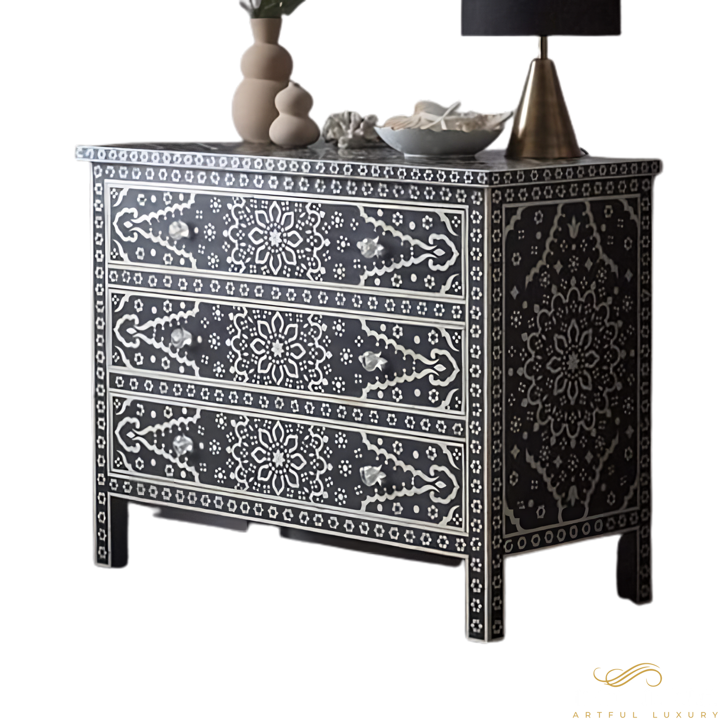 Bone Inlay Dresser( 42W X 30H X 18) Black Color | Luxury Handmade Dresser