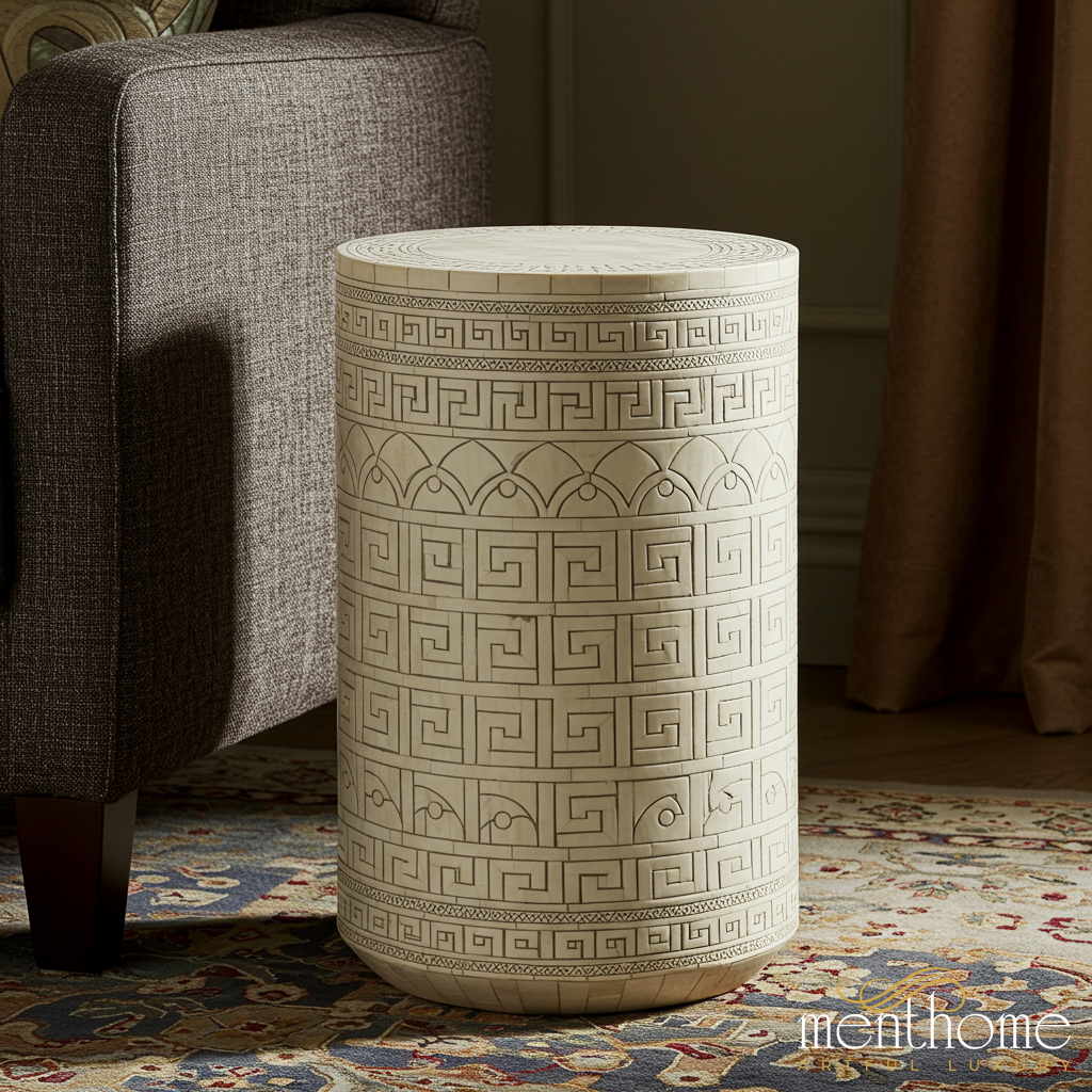 Geometric Pattern Inlay Stool | Luxury Handmade Side Table