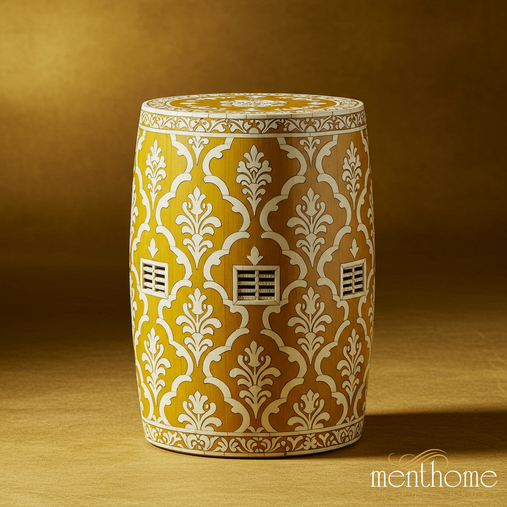 Decorative Yellow and White Patterned Ceramic Garden Stool | Luxury Handmade Stool