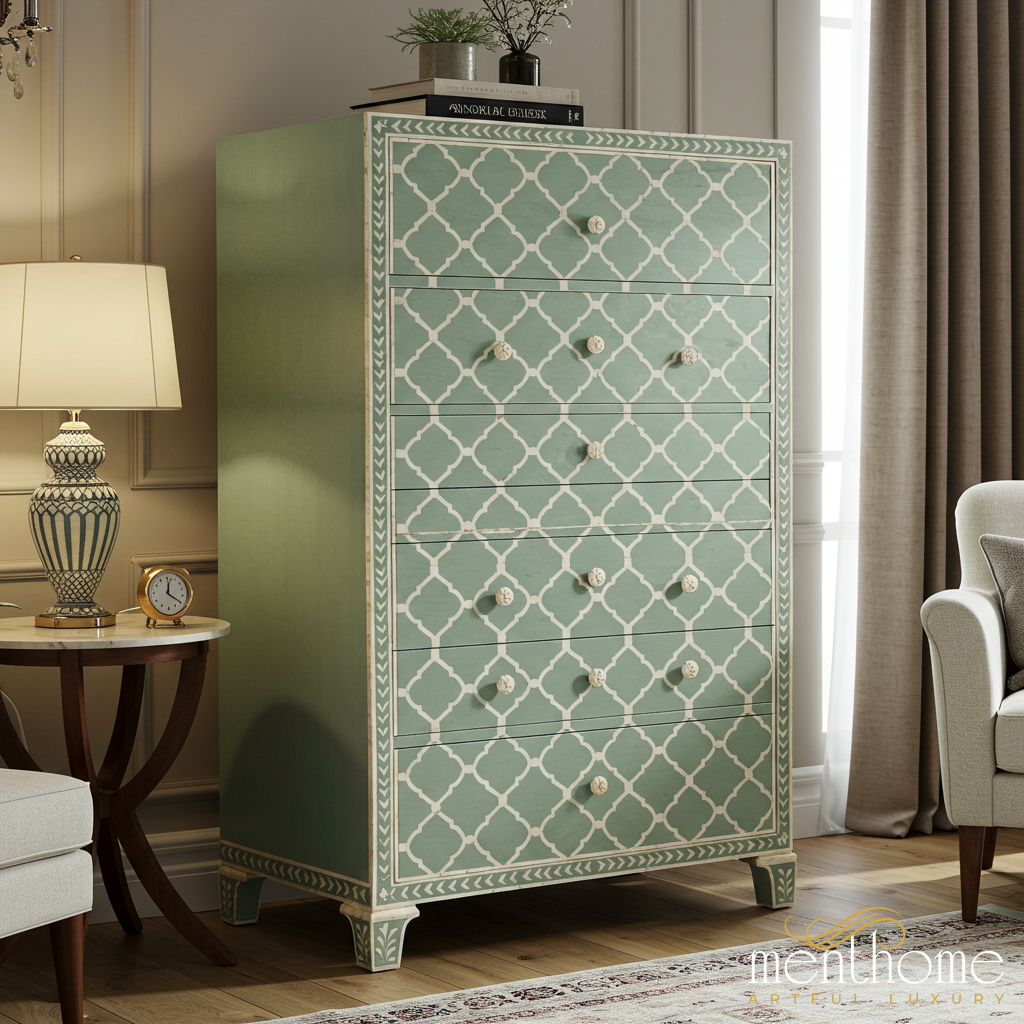Decorative Green Patterned Tall Dresser | Luxury Handmade Tallboy
