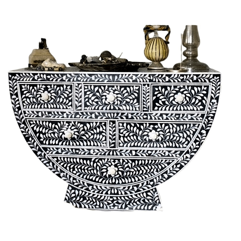 Floral Bone Inlay Curved Dresser Black