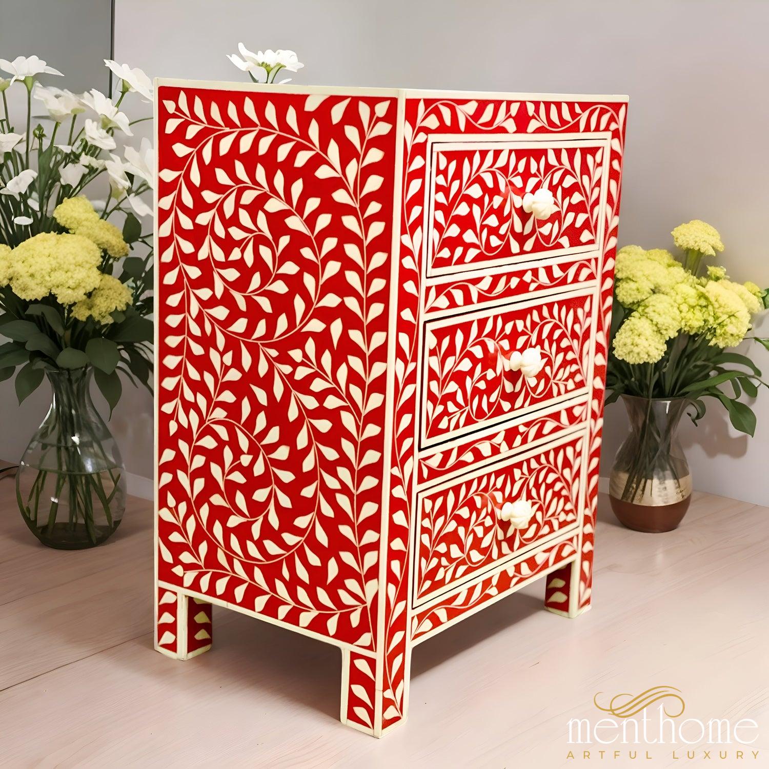 3 Drawer Resin Leaf Design Red and White Bedside Table | Luxury Handmade Bedside Table