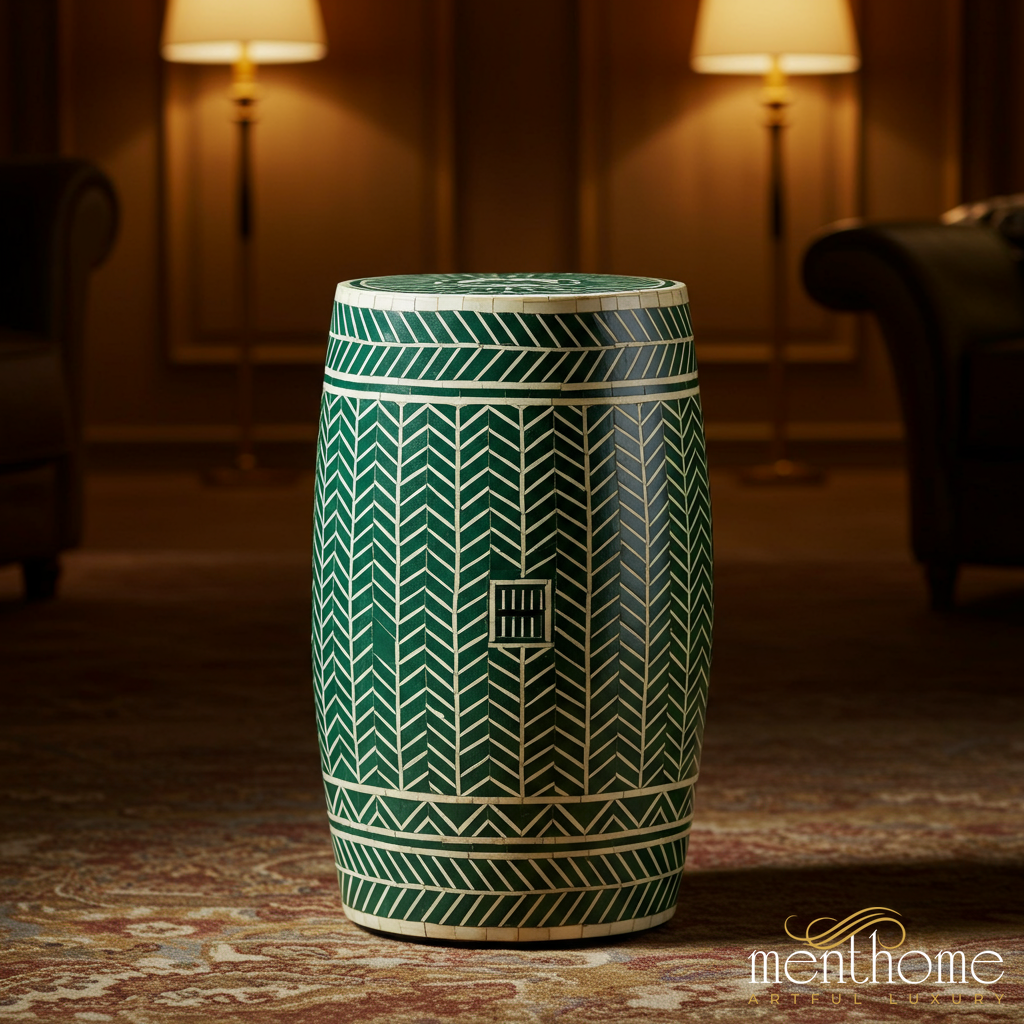 Elegant Green and White Geometric Garden Stool | Luxury Handmade Stool