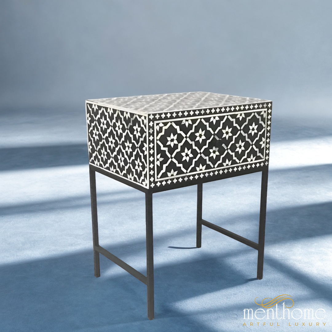 Bone Inlay Black Bedside Table for Home | Luxury Handmade Bedside Table