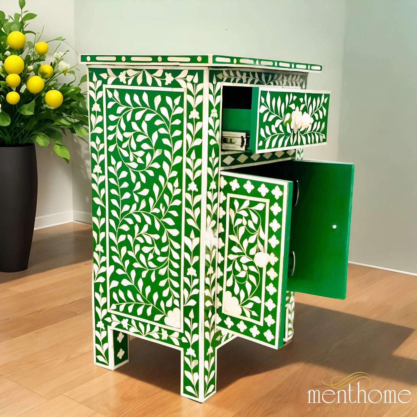 Resin Green Floral Pattern One Drawer Bedside Table | Luxury Handmade Bedside Table