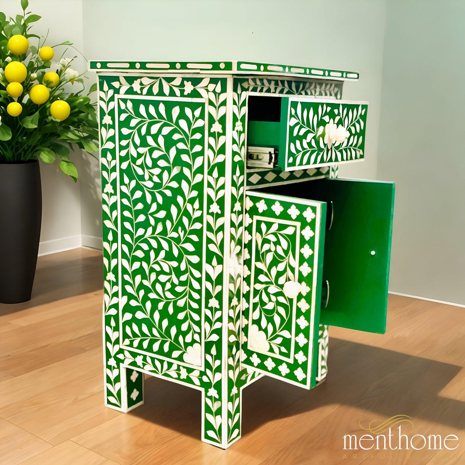 Resin Green  Floral Pattern One Drawer Bedside Table | Luxury Handmade Bedside Table