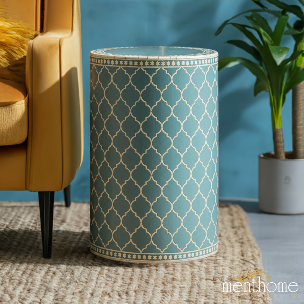 Aqua Trellis Drum Table | Luxury Handmade Side Table