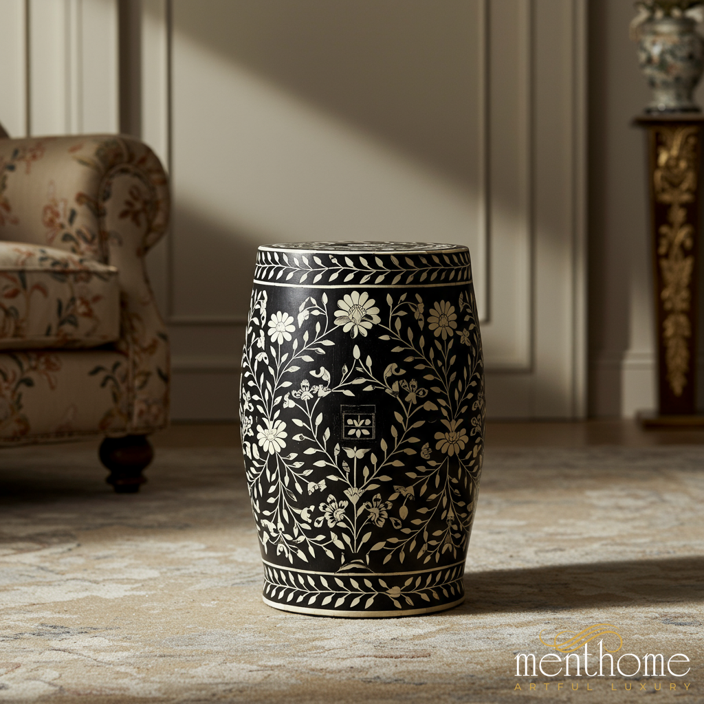Black and White Floral Garden Stool | Luxury Handmade Stool