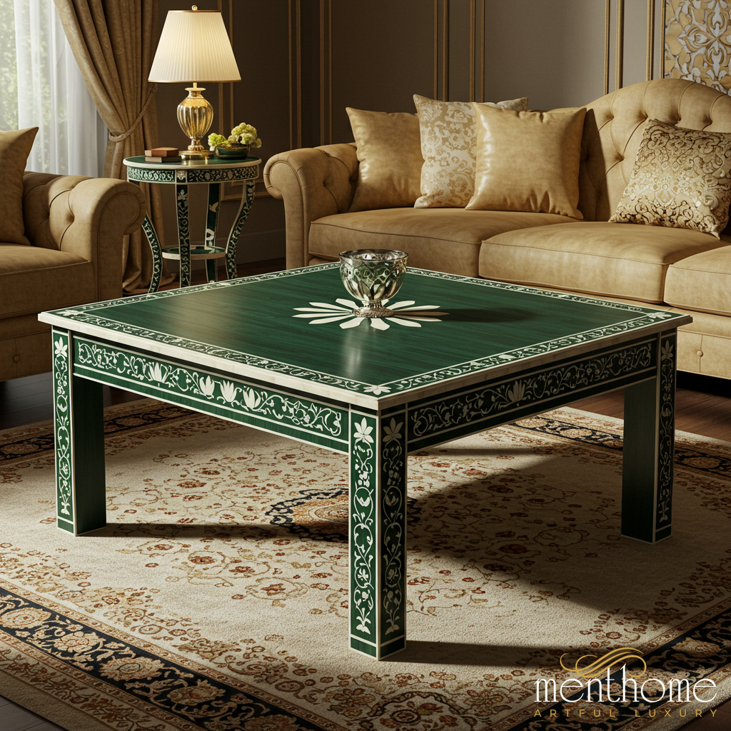 Handcrafted Green Wooden Inlay Coffee Table | Luxury Handmade Coffee Table