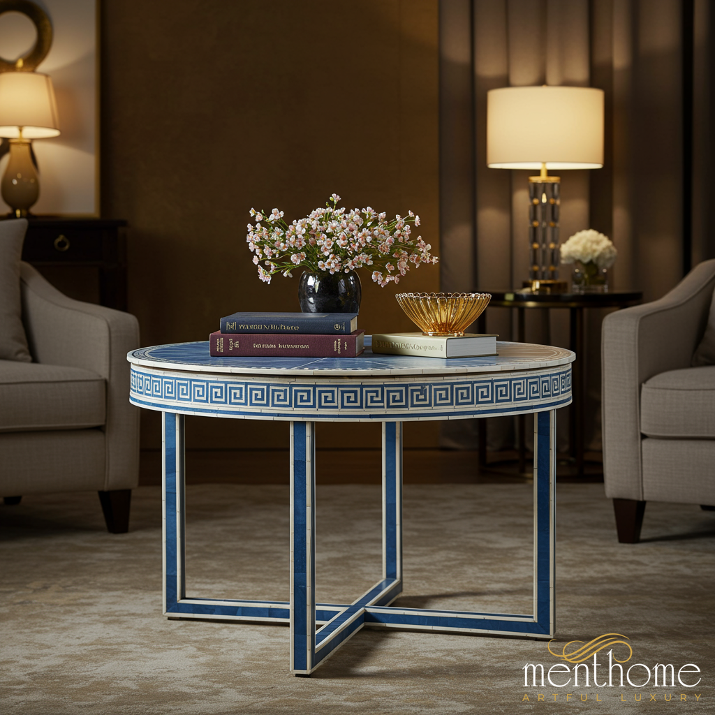Blue and White Greek Key Pattern Round Coffee Table | Luxury Handmade Coffee Table